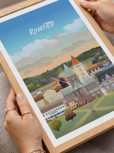 Byplakat med Ringsted i træramme