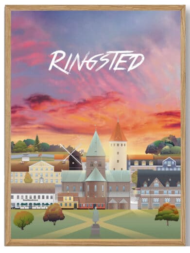Martin Rahr Ans plakat af Silkeborg. Farverig bybilleder med kirke og solnedgang i træramme.