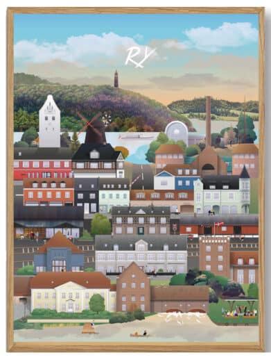 Farverig Ry - Martin Rahr byplakat. Illustrerer Ry by med ikoniske bygninger. En smuk og detaljeret byplakat i varme farver.