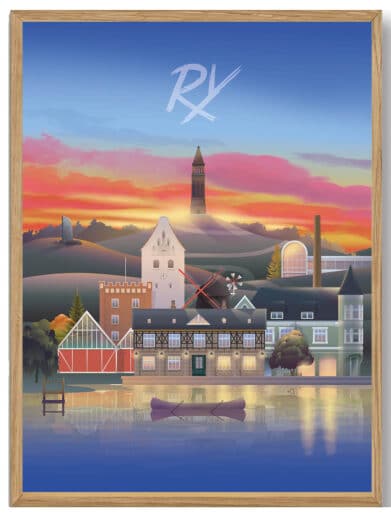 Martin Rahr Ans plakat. Bybillede i Midtjylland, Silkeborg. Farverig illustration i ramme.