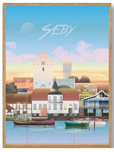 Næstved Martin Rahr plakat. Bybillede i lyse farver med sejlbåde og arkitektur. Perfekt som vægkunst.