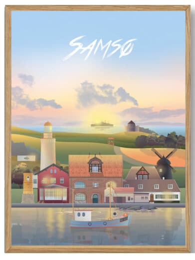 Martin Rahr's "Ans" plakat: Farverig illustration af Samsø med landskab, mølle, fyr, skib og solnedgang. Perfekt bybillede.