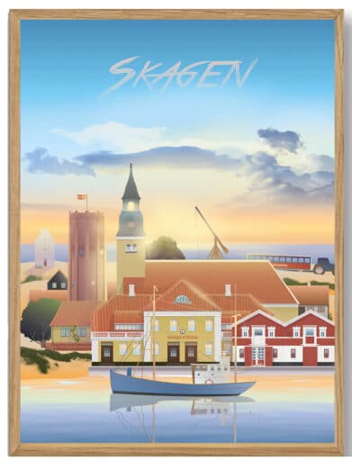 Ans Martin Rahr plakat. Billeder af Skagen by i Midtjylland, Silkeborg. Detaljeret og farverig.
