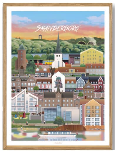 Martin Rahr's 'Ans' poster: Colorful, detailed cityscape of Silkeborg, Denmark. Framed print on sale.