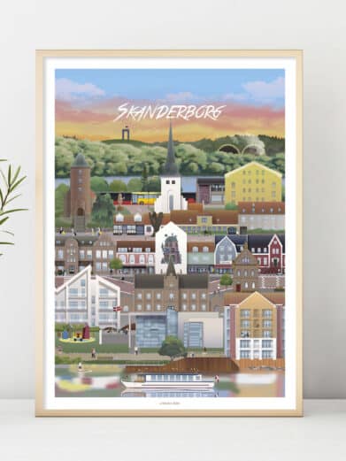 Mariager - Martin Rahr plakat. Detaljeret bybillede i farver, der fanger Hobro's charme. Perfekt til Nordjylland-entusiaster.