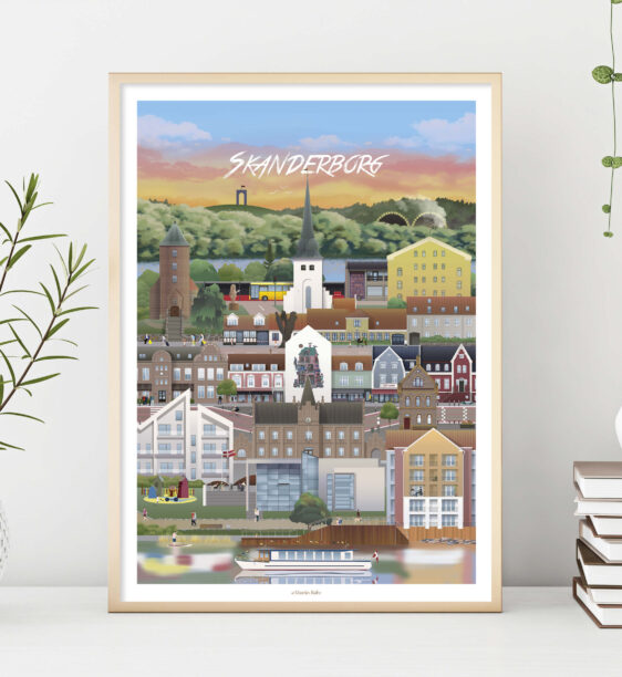 Mariager - Martin Rahr plakat. Detaljeret bybillede i farver, der fanger Hobro's charme. Perfekt til Nordjylland-entusiaster.