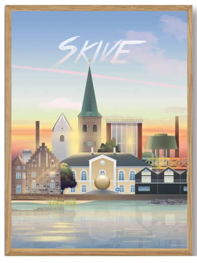 Martin Rahr Ans plakat: Farverig bybilledillustration af Skive i Midtjylland. Detaljeret og stilfuld.