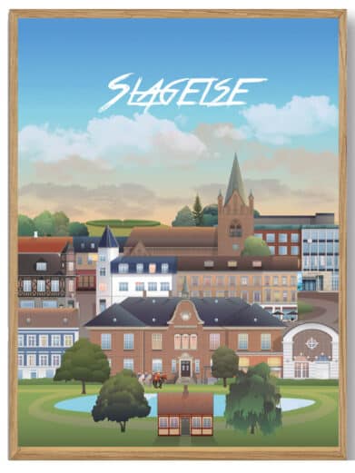 Næstved plakat af Martin Rahr. Illustrativt design med byens arkitektur og blå himmel, indrammet i træ. Køb Næstved byplakat her!