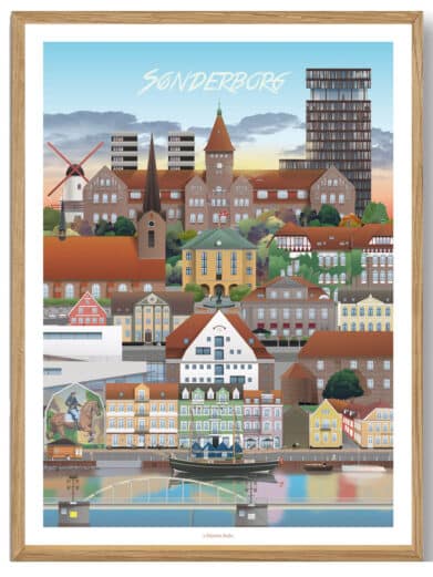 Ans Martin Rahr plakat. Farverig bybillede af Sønderborg i en ramme. Detaljeret illustration i en moderne stil.