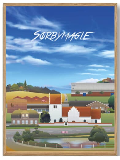 Næstved Martin Rahr plakat. Farverig byplakat i træramme, der viser Næstveds arkitektur under en blå himmel. Perfekt til stuen!