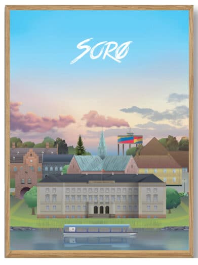 Næstved - Martin Rahr plakat. Farverig byillustration i træramme. Vis Næstveds charme med stil. Perfekt til dit hjem!