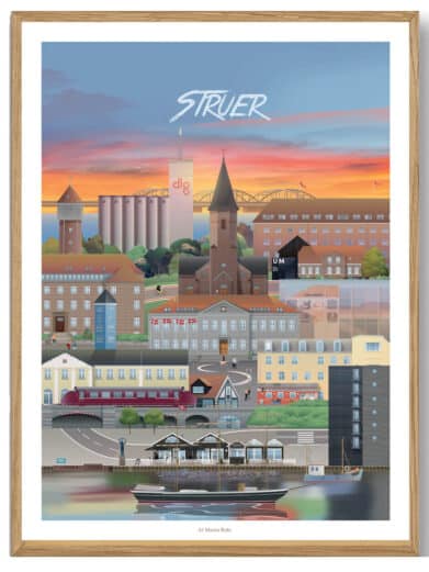 Struer byplakat af Martin Rahr. Farverig illustration af Struer by med vand, huse og himmel. Køb din Struer plakat nu!