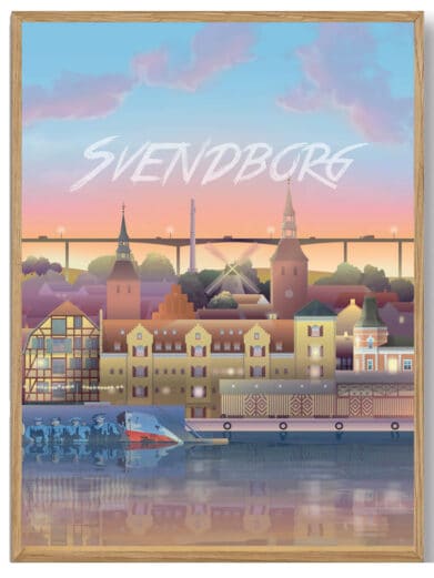 Struer Martin Rahr plakat: Farverig byplakat med illustration af Struer i dæmpede farver og refleksioner i vandet.