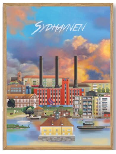 Ans Martin Rahr plakat: Farverig bybilledplakat af Sydhavnen i Silkeborg, Midtjylland. Detaljeret og attraktiv illustration.