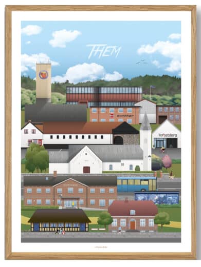 Ans Martin Rahr plakat. Farverig illustration af byen Silkeborg, Midtjylland. Detaljeret bybillede i ramme. Køb plakaten online.