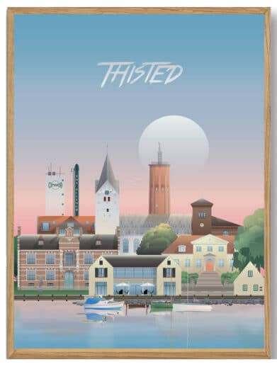 Struer - Martin Rahr plakat: Bybillede i dæmpede farver med Struers skyline og vand. Stilfuldt design, perfekt til stuen.