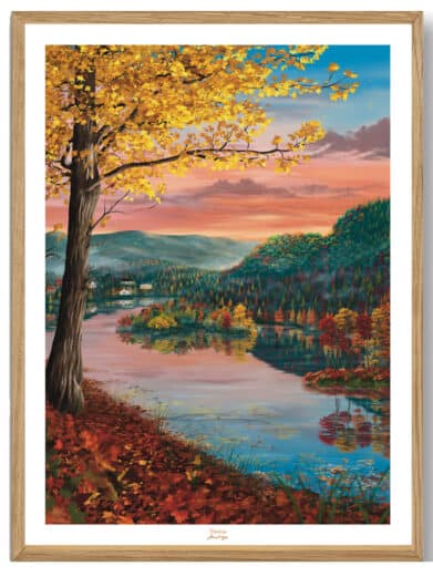 Thorsø sø - Martin Rahr: Farverig plakat med efterårsfarver, træer, sø og refleksioner. Perfekt til at bringe naturen ind i dit hjem.