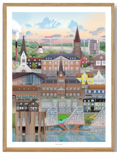 Martin Rahr's 'Ans' plakat: Farverig bybilledillustration af Silkeborg med ikoniske bygninger. Moderne stil, fangende detaljer.