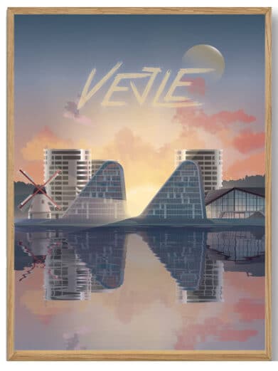 Struer - Martin Rahr plakat med bybillede, solnedgang, vandrefleksioner og moderne arkitektur. Stilfuldt design i rolige farver.