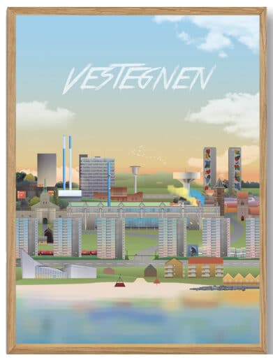 Ans - Martin Rahr plakat, der viser Vestegnen i Midtjylland, Silkeborg. Farverig bybilleder kunsttryk.