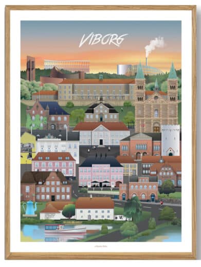 Viborg - Martin Rahr plakat. Farverig bybilledillustration i ramme. Detaljeret, kunstnerisk og indbydende.
