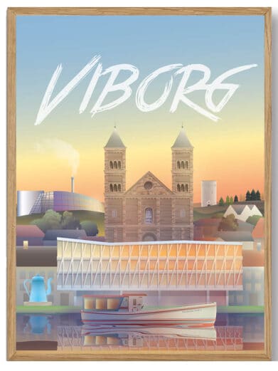 Martin Rahr's Ans plakat: Bybillede af Silkeborg i Midtjylland. Farverig illustration i træramme med arkitektur og vand.