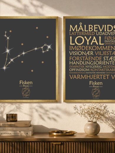 Plakatsæt stjernetegn fisken i guld ramme (Restmarked)