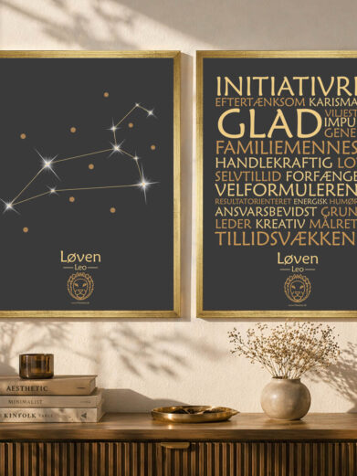 Plakatsæt stjernetegn løven i guld ramme (Restmarked)