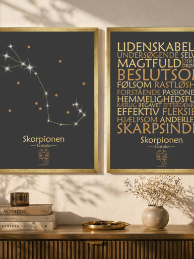 Plakatsæt stjernetegn skorpionen i guld ramme (Restmarked)