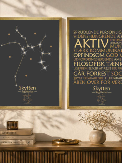 Plakatsæt stjernetegn skytten i guld ramme (Restmarked)