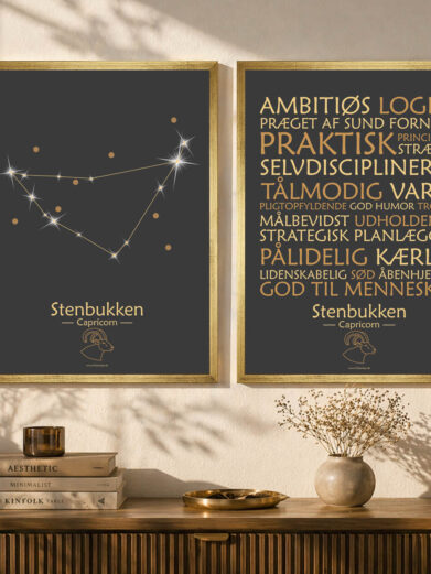 Plakatsæt stjernetegn stenbukken i guld ramme (Restmarked)