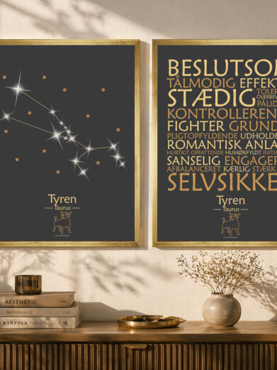 Plakatsæt stjernetegn tyren i guld ramme (Restmarked)