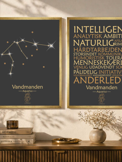 Plakatsæt stjernetegn vandmanden  i guld ramme (Restmarked)