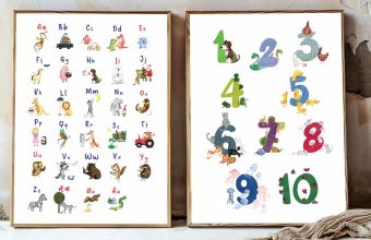 Mobil menu for børn: Plakater med ABC og tal, illustreret med søde dyr og figurer. Lær alfabetet og tal på en sjov måde!