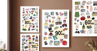 Retroplakater med 60erne, 70erne, 80erne, og 90erne, der viser kendetegn fra de respektive årtier