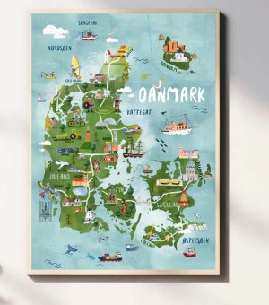 Danmarkskort plakat i blålige farver til børn hængende på minimalistisk væg