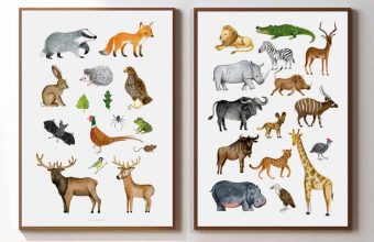 Dyr i skoven mobil menu for børn. Illustrationer af ræv, grævling, løve, zebra og mere. Skovdyr og savannedyr for børn.