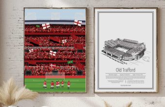 Fodbold mobil menu: Illustration af Old Trafford med fans og engelske flag. Bolig indretning.
