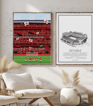 To fodboldplakater hængende på væg. Det ene viser en skitseteging af et stadion, mens det andet i farver viser et stadion indefra