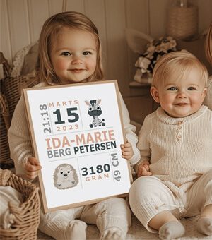 To søde, små børn, der smiler til kameraet. Det ældste barn holder en fødselstavle i ramme.