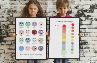 Børn med følelsesplakat. Illustration af følelser, perfekt til børneopdragelse og samtale om følelser.