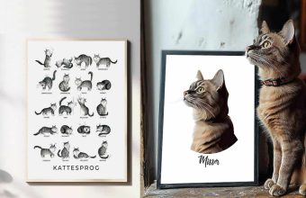 Katte-mobilmenu: Plakat med kattelyde og portræt. Perfekt boligindretning for katteelskere.