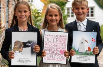 Konfirmation mærkedage: Børn med konfirmations plakater. Festlig fejring af konfirmation i Sakskøbing Kirke.