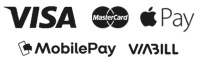 Betalingsmuligheder i footer: Visa, Mastercard, Apple Pay, MobilePay, ViaBill. Kort-mobil-black for nem betaling.