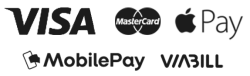Betalingsmuligheder i footer: Visa, Mastercard, Apple Pay, MobilePay, ViaBill. Kort-mobil-black for nem betaling.