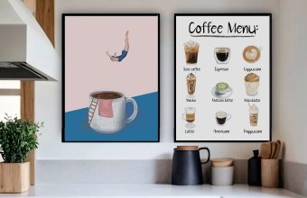 Plakater til kaffestation i bolig: Dykker i kaffe og kaffemenu. Boligindretning med kaffe tema.